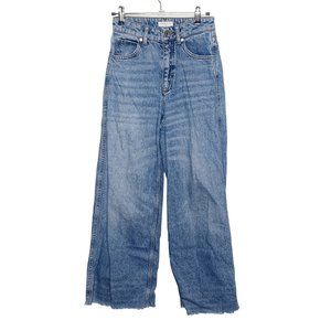 Sandro Paris Denim High Waist Blue Frayed Raw Hem Wide Leg Jeans Size 24